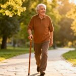 Elderly man walking outdoors on a paved path in a park during golden hour, enjoying stretching and gentle exercise for seniors and promoting healthy aging.