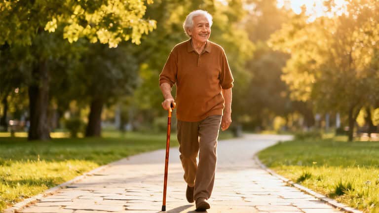 Elderly man walking outdoors on a paved path in a park during golden hour, enjoying stretching and gentle exercise for seniors and promoting healthy aging.