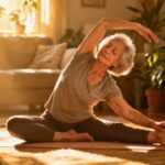 Elderly woman practicing stretching yoga indoors in a cozy, sunlit living room for flexibility and relaxation.