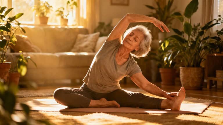 Elderly woman practicing stretching yoga indoors in a cozy, sunlit living room for flexibility and relaxation.