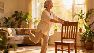 Elderly woman stretching at home doing chair exercise for flexibility and mobility in a sunny living room with plants and cozy decor.