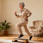 Low-impact senior aerobic exercise in living room, elderly woman doing step aerobics to stay active at home, promoting health and fitness for seniors.