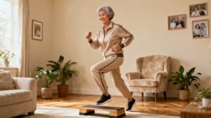 Low-impact senior aerobic exercise in living room, elderly woman doing step aerobics to stay active at home, promoting health and fitness for seniors.
