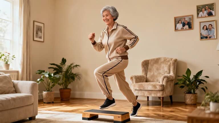 Low-impact senior aerobic exercise in living room, elderly woman doing step aerobics to stay active at home, promoting health and fitness for seniors.