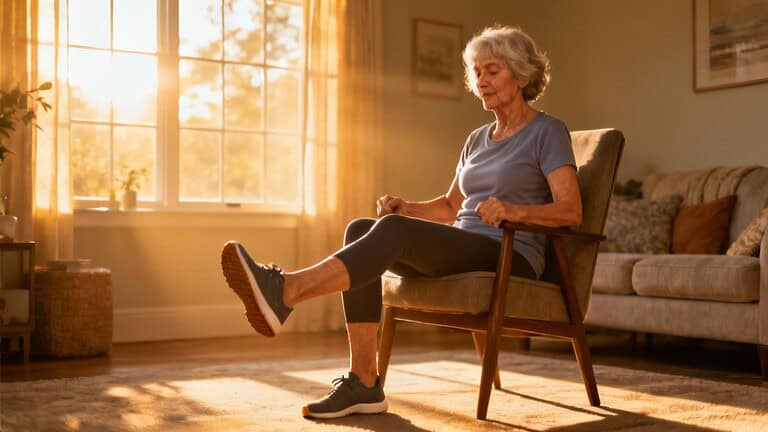 Relaxing elderly woman doing seated leg stretch indoors in warm sunlight, stretching routine, home exercise, senior fitness, flexibility training, comfortable living space.