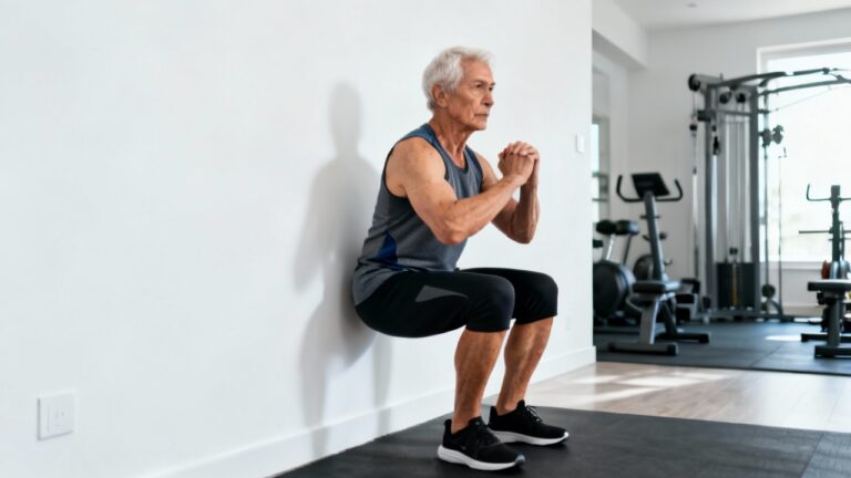 A senior man doing wall squat exercise for flexibility and strength, in a modern home gym setting, promoting stretching and daily fitness routines for seniors.
