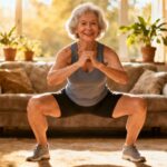 Elderly woman doing squats in living room, stretching daily, senior fitness, at-home exercise, healthy aging, flexibility training, senior stretching routine, indoor workout for seniors, promoting mobility, staying active in old age.