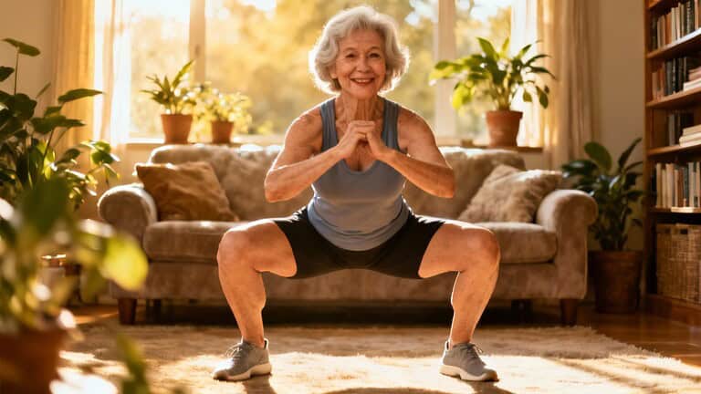 Elderly woman doing squats in living room, stretching daily, senior fitness, at-home exercise, healthy aging, flexibility training, senior stretching routine, indoor workout for seniors, promoting mobility, staying active in old age.