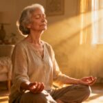 Calm senior woman practicing meditation and relaxation in a cozy, sunlit living room, focusing on mindfulness and stress relief.