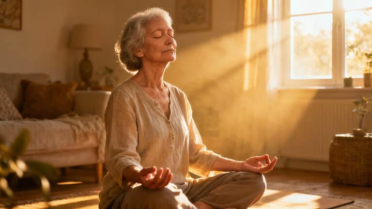 Calm senior woman practicing meditation and relaxation in a cozy, sunlit living room, focusing on mindfulness and stress relief.