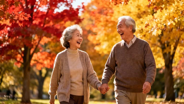 Joyful elderly couple walking outdoors in autumn park, holding hands, smiling, vibrant fall foliage, healthy aging, outdoor stretching routines, wellness, happiness, senior fitness, fall season activities.