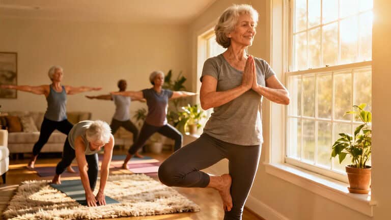 Gentle yoga class for seniors practicing yoga poses for flexibility, relaxation, and balance at home. Comfortable environment with natural sunlight; ideal for senior fitness and stretching routines.