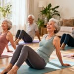 Relaxed elderly women practicing gentle stretching exercises indoors for improved flexibility and health.