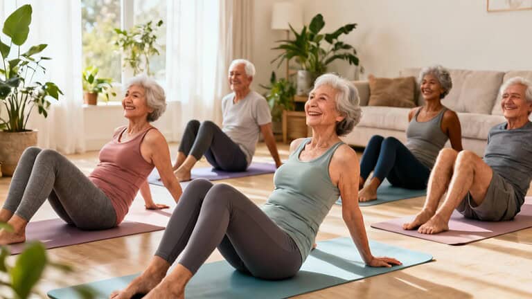 Relaxed elderly women practicing gentle stretching exercises indoors for improved flexibility and health.