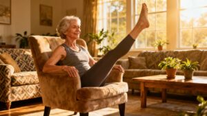 Senior woman practicing leg stretching exercise indoors, promoting flexibility and mobility for healthy aging.