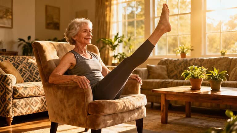 Senior woman practicing leg stretching exercise indoors, promoting flexibility and mobility for healthy aging.