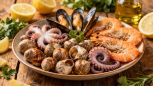 Fresh mixed seafood platter with shrimp, octopus, mussels, and clams served on a rustic wooden table with lemon wedges and herbs. Perfect for seafood lovers and healthy eating enthusiasts.