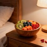 Fresh fruit bowl with kiwi, blueberries, cantaloupe, and goji berries on a wooden nightstand, illuminated by warm bedside lamp. Perfect for healthy breakfast or snack, emphasizing nutritious eating habits and wellness.