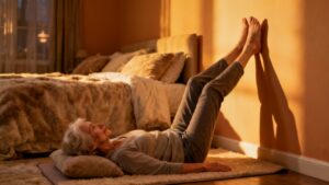 Stretching daily for improved flexibility and overall health in a cozy bedroom environment. Elderly woman doing stretching exercises at home to stay active and maintain mobility.