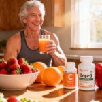 Fresh elderly woman enjoying orange juice with healthy fruits and supplements in a bright kitchen for wellness and balanced lifestyle.