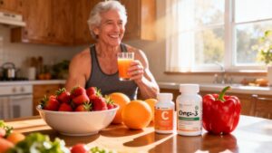 Fresh elderly woman enjoying orange juice with healthy fruits and supplements in a bright kitchen for wellness and balanced lifestyle.