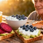 Freshly prepared healthy breakfast with avocado toast topped with blueberries and beets, grilled salmon, yogurt, and orange juice on a rustic wooden table outdoors during sunrise.