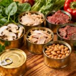 Canned meat and vegetable ingredients including mushrooms, chicken, beef, beans, red and yellow bell peppers, fresh herbs, and greens arranged on a rustic wooden surface.