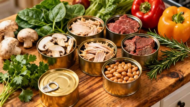 Canned meat and vegetable ingredients including mushrooms, chicken, beef, beans, red and yellow bell peppers, fresh herbs, and greens arranged on a rustic wooden surface.