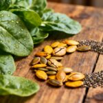 Fresh spinach leaves with water droplets and a mix of pumpkin and chia seeds arranged in a heart shape on rustic wooden surface, promoting healthy eating and superfoods for wellness.