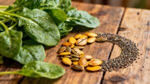 Fresh spinach leaves with water droplets and a mix of pumpkin and chia seeds arranged in a heart shape on rustic wooden surface, promoting healthy eating and superfoods for wellness.