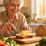 Fresh elderly woman spreading butter on bread in a sunny kitchen for healthy living and daily stretching routines.