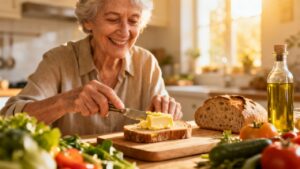 Fresh elderly woman spreading butter on bread in a sunny kitchen for healthy living and daily stretching routines.