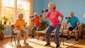 Stretching and strength exercises for seniors in a cheerful indoor fitness class, promoting mobility, flexibility, and healthy aging. Elderly women and men engaging in light weightlifting and seated stretches.
