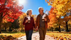 Cold weather blowing, elderly couple enjoying warm coffee during autumn walk in colorful park, embracing health and wellness, outdoor exercise, senior fitness, and fall scenery.