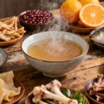 Fresh ingredients for traditional Asian hot pot, including fish, meats, eggs, vegetables, and citrus, arranged on a rustic wooden table, ready for a cozy, nutritious meal and hearty broth.