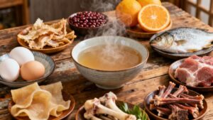 Fresh ingredients for traditional Asian hot pot, including fish, meats, eggs, vegetables, and citrus, arranged on a rustic wooden table, ready for a cozy, nutritious meal and hearty broth.