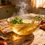 Hot fish soup with lemon and herbs in a clear bowl on rustic wooden table with fresh vegetables and salmon fillet in cozy kitchen setting.