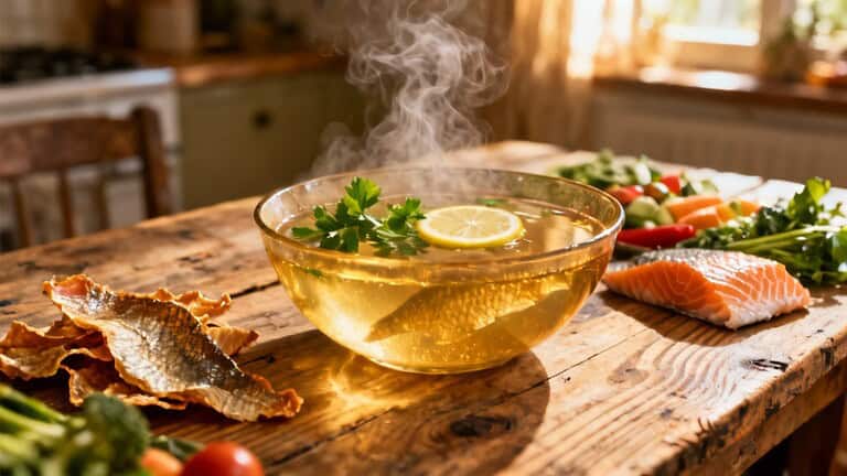 Hot fish soup with lemon and herbs in a clear bowl on rustic wooden table with fresh vegetables and salmon fillet in cozy kitchen setting.
