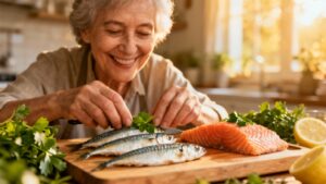 Fresh fish and salmon fillet on a wooden cutting board with lemon, green herbs, and sunlight, promoting healthy eating and nutritious meal prep from Stretching Daily.