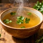 Warm herbal soup with fresh cilantro on rustic wooden table, healthy eating, immune boost, detox diet, natural remedies, herbal wellness, comforting broth, nutritious ingredients, herbal medicine, cozy kitchen scene.