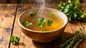 Warm herbal soup with fresh cilantro on rustic wooden table, healthy eating, immune boost, detox diet, natural remedies, herbal wellness, comforting broth, nutritious ingredients, herbal medicine, cozy kitchen scene.
