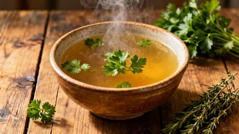 Warm herbal soup with fresh cilantro on rustic wooden table, healthy eating, immune boost, detox diet, natural remedies, herbal wellness, comforting broth, nutritious ingredients, herbal medicine, cozy kitchen scene.