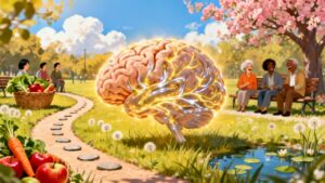 1. Bright brain with electrical impulses, surrounded by park with elderly people, vegetables, and blooming trees, promoting mental health and relaxation through outdoor stretching and mindfulness activities.