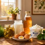 Fresh fermented foods, eggs, yogurt, herbs, and condiments for a healthy diet on a rustic wooden table.