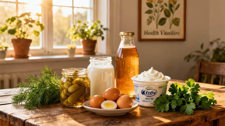 Fresh fermented foods, eggs, yogurt, herbs, and condiments for a healthy diet on a rustic wooden table.
