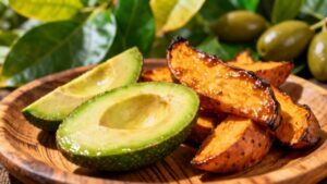 Ripe avocado slices and roasted sweet potatoes on wooden plate with green leaves and olives in background.