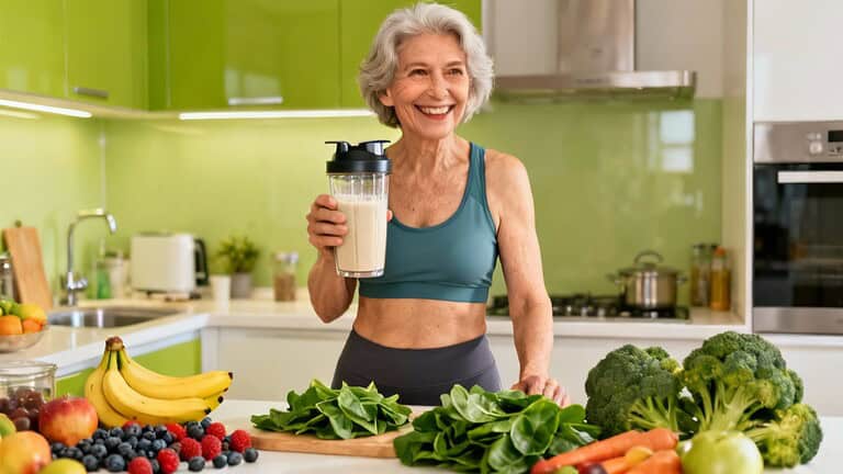 Fresh vegetables and fruits on a kitchen counter, promoting healthy eating and fitness lifestyle for seniors.