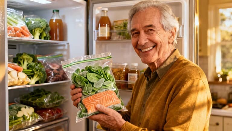 Fresh frozen spinach and salmon package held by smiling senior man in front of an open refrigerator filled with fresh vegetables and healthy ingredients for nutritious meals.