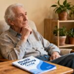 Older man contemplating health options while sitting comfortably at home for senior wellness and stretching routines.