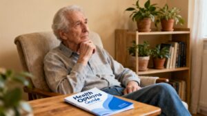 Older man contemplating health options while sitting comfortably at home for senior wellness and stretching routines.